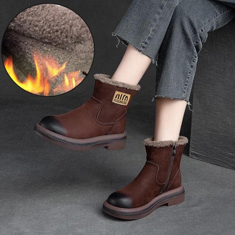 Winter Plush Warm Short Boots Retro Comfortable Genuine Leather Solid Color Versatile Women's Shoes