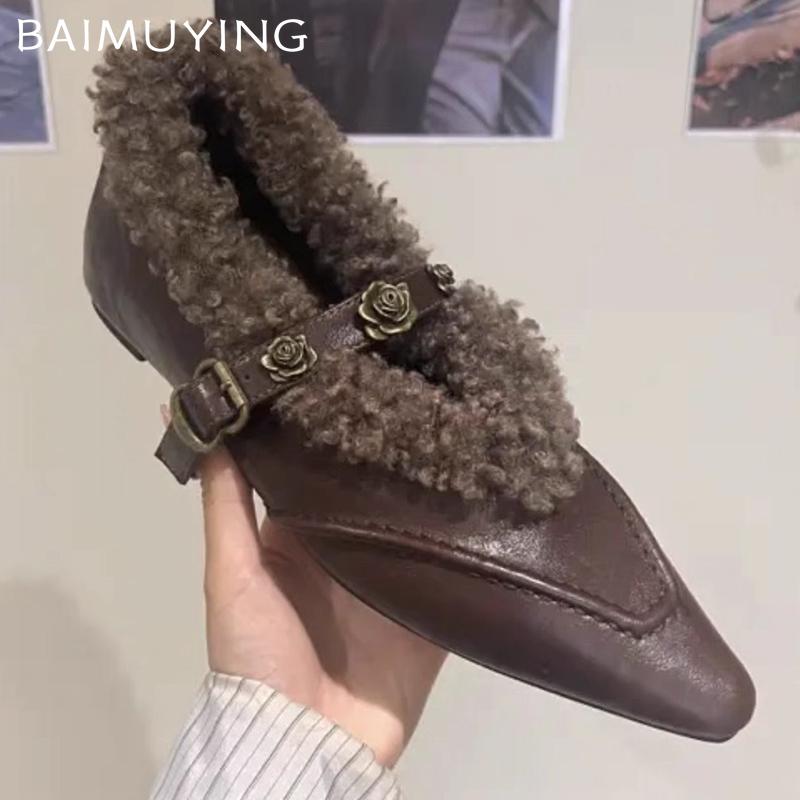 Fur Pointed Toe Women Shoes Flats Shallow Leather Shoes Woman 2025 Trend Winter Fashion Designer Walking Casual Zapatos Mujer