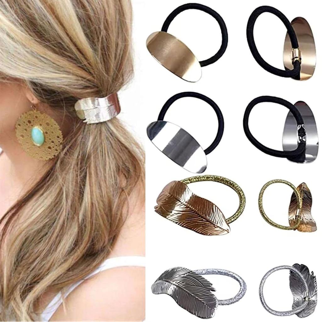 Boho Chic Alloy Hair Tie Set - Sleek Leaf Design, Glossy Metal Ponytail Holders for Women & Girls 14+, Durable & Stylish Gift