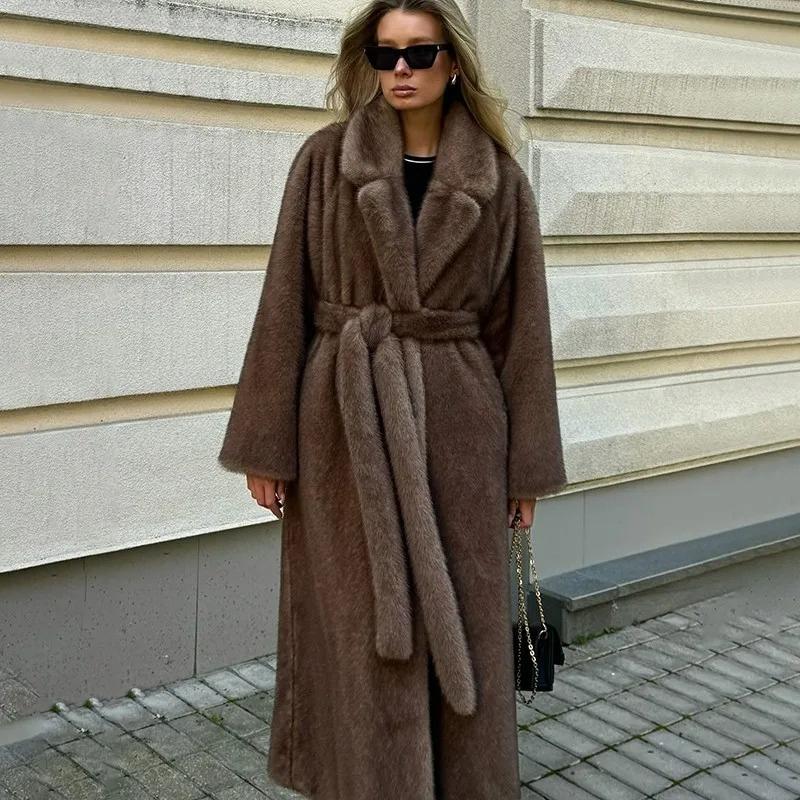 Belted Faux Mink Fur Coat Women Winter Beige Gradient Furry Fur Jacket Luxury Brand Hooded Warm Outerwear Overcoat