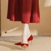86109 High Heels Women's Thin Heels Spring 2025 New Pointed Red Xiuhe Wedding Shoes Pearl Strap Single Shoes