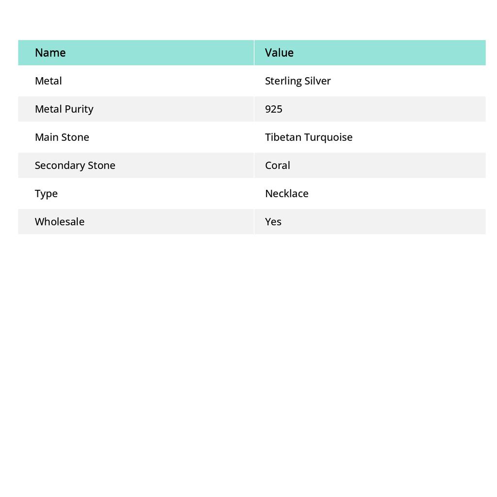 Tibetan Turquoise, Coral Gemstone Handmade 925 Sterling Silver Necklace 18" M8k73