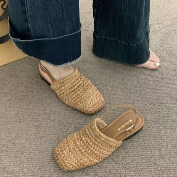 French Bohemian Single Shoes Gently Woven Girls Bag Head Sandals Summer Retro Fairy Evening Empty Slippers