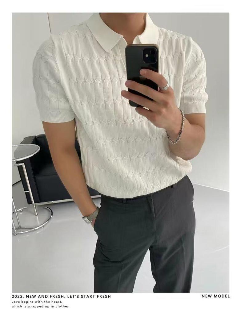 Men's Summer Korean Style Slim Fit Knitted Polo Shirt - Short-Sleeve, Solid Color, Ice Silk, Turn-Down Collar