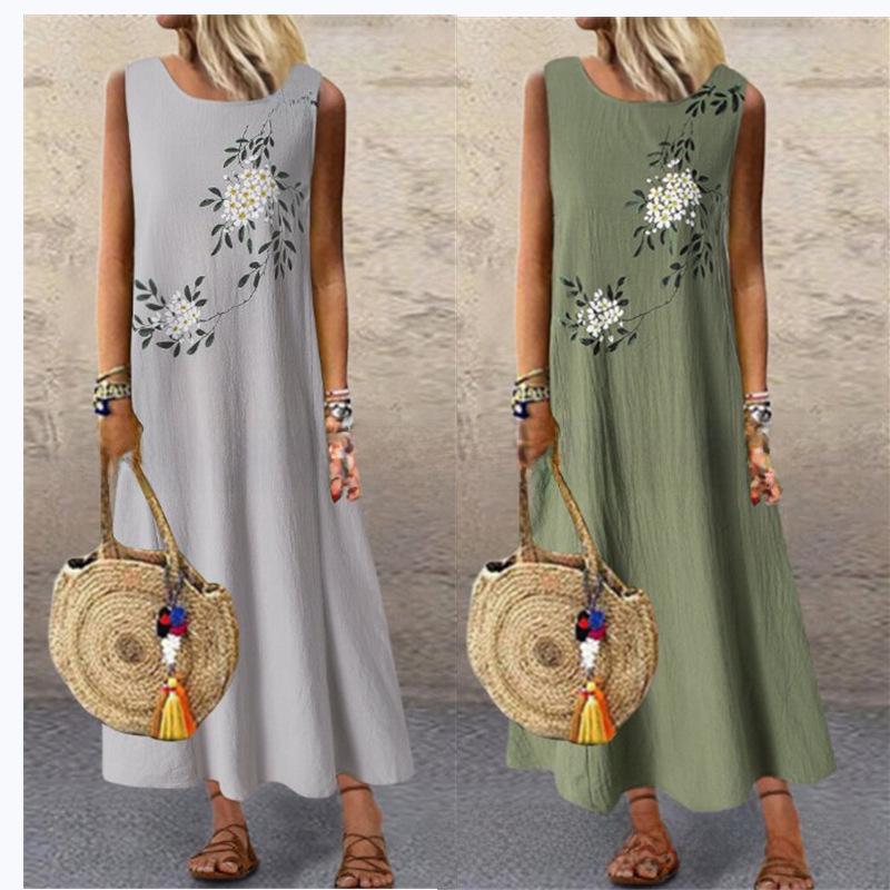 2022 European and American Cotton Linen Sleeveless Round Neck Printed Vest Dress for Women.