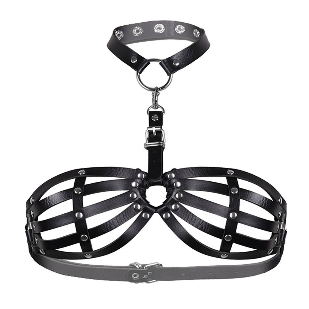 New Black Sexy Women Goth Lingerie Leather Halter Neck Body Bondage Cage Bra