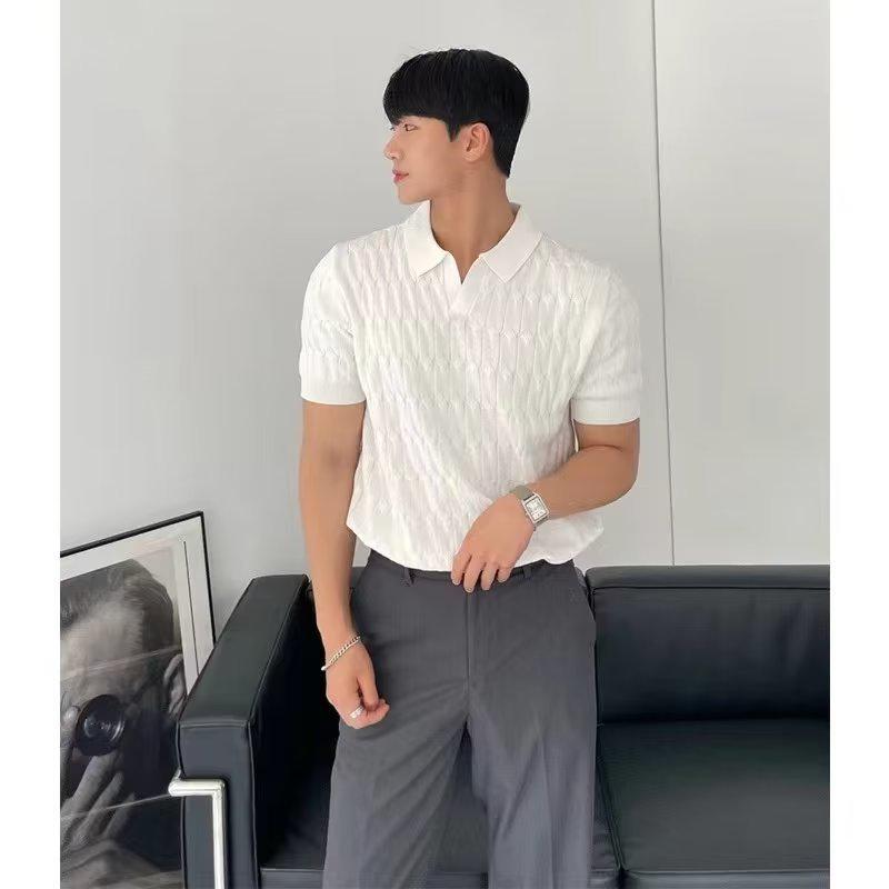 Men's Summer Korean Style Slim Fit Knitted Polo Shirt - Short-Sleeve, Solid Color, Ice Silk, Turn-Down Collar