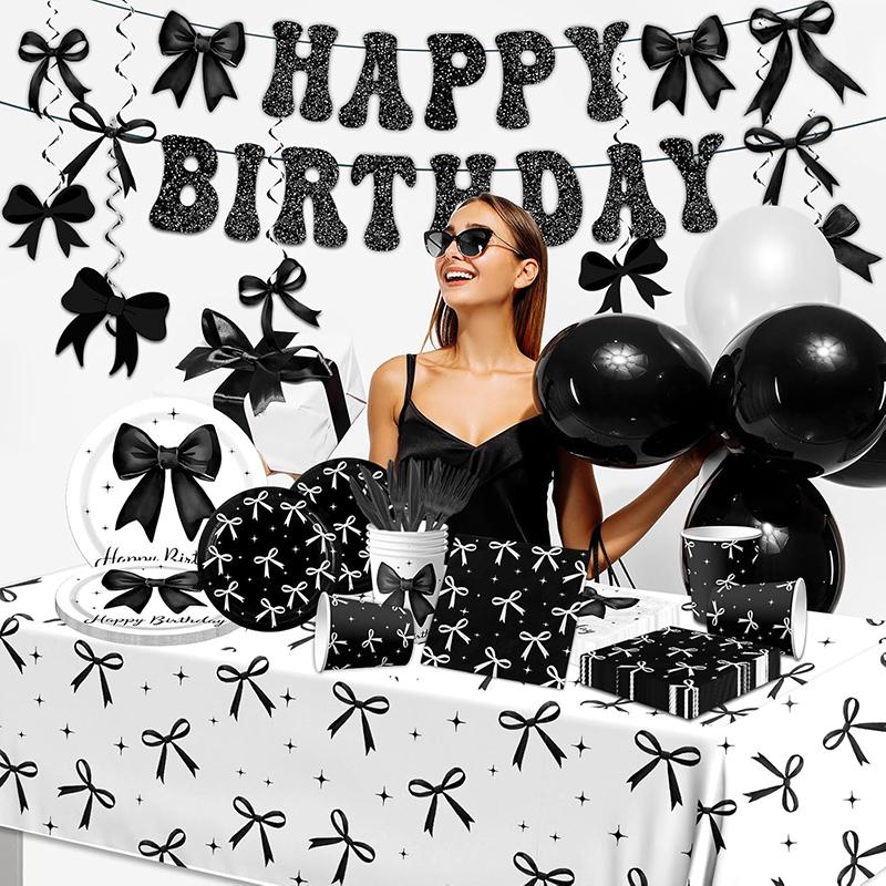 Black And White Bow Theme Kids Disposable Paper Plate Tablecloth Tissue Paper Party Set Decoration Decoration Supplies