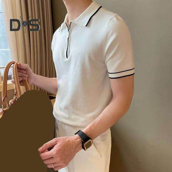 Men Summer Shirt Thin Knitted Short Sleeve Zippered Lapel Top Stretchy Hem Striped Solid Color Loose Shirt for Commuting Travel Outdoor