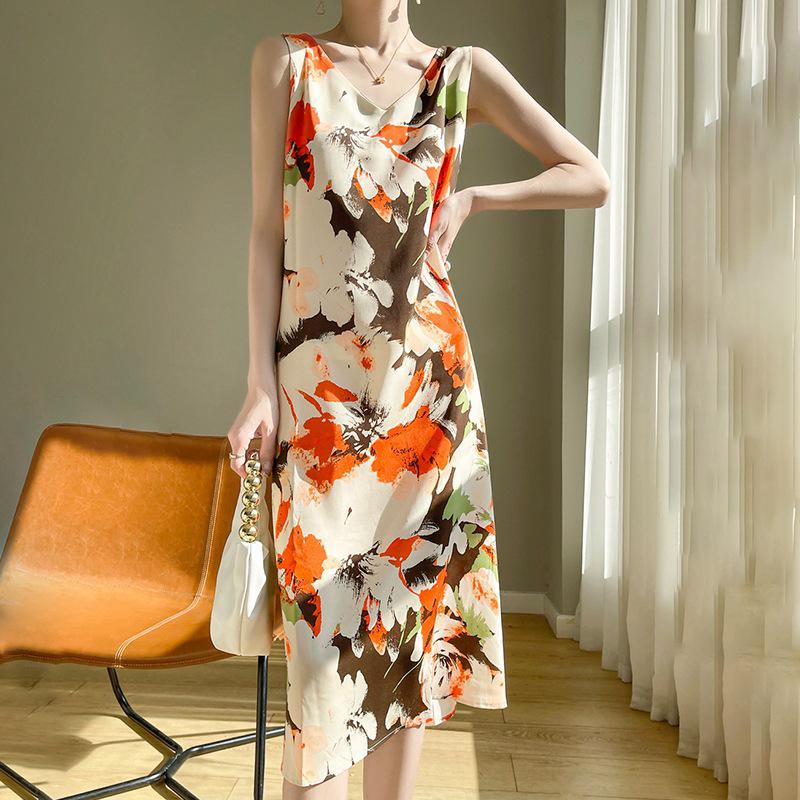 Silk Satin Women's V-neck Print Spaghetti Strap Maxi Dress - Summer 2025 Collection