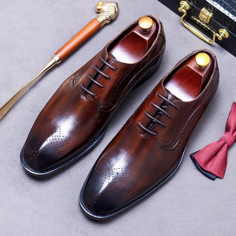 Luxury Men's Oxfords Genuine Leather Brogue Brown Lace Up Wingtip Dress Shoes for Men Office Wedding Party Formal Footwear