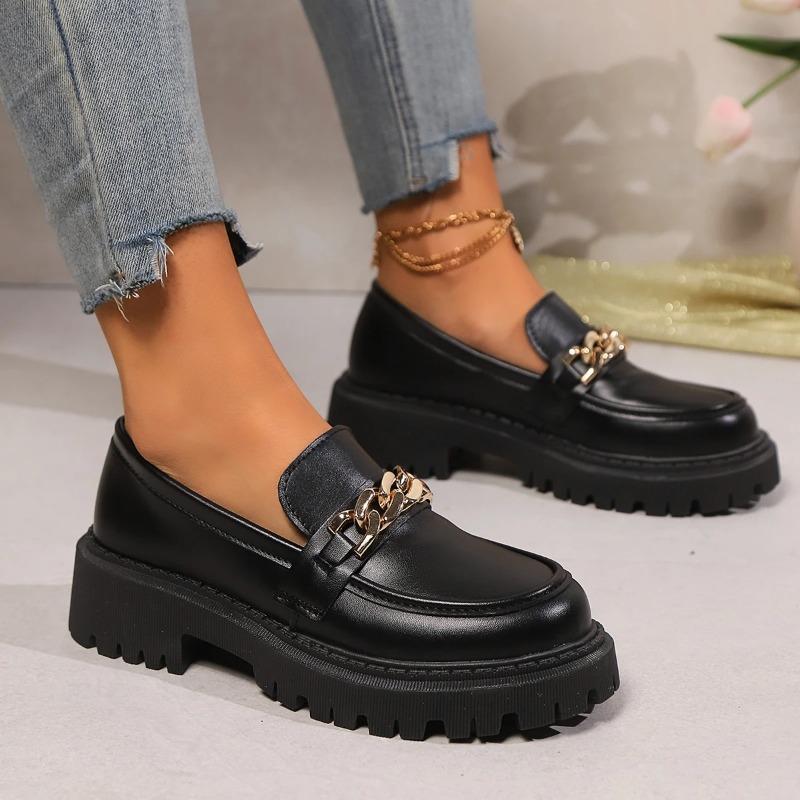 Fashion Loafers Female Shoes Women Fashion Mary Janes Round Toe Flats Oxfords Platform Casual Metal Chain Buckle Ladies Heels