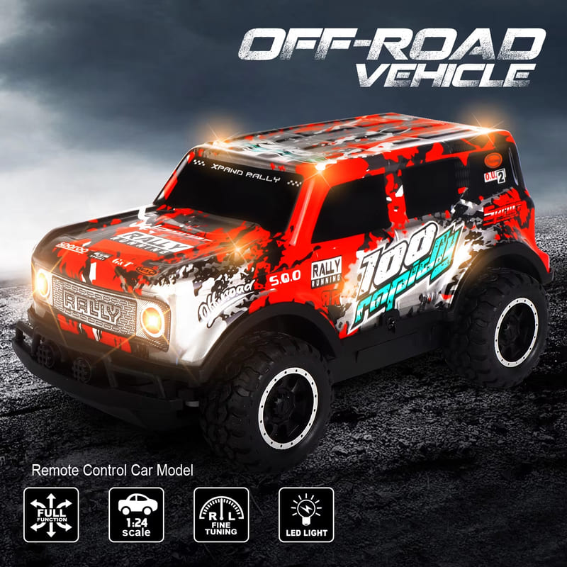 New 1:24 Full Scale LED Light Off-Road Jeep Remote Control Car 10km/h Battery Controlled Children's Toy Car Boy Gift Anti-Fall Anti-Collision