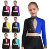 Girls Figure Skating Top Sparkly Rhinestones Color Block Design Keyhole Back Crop Top