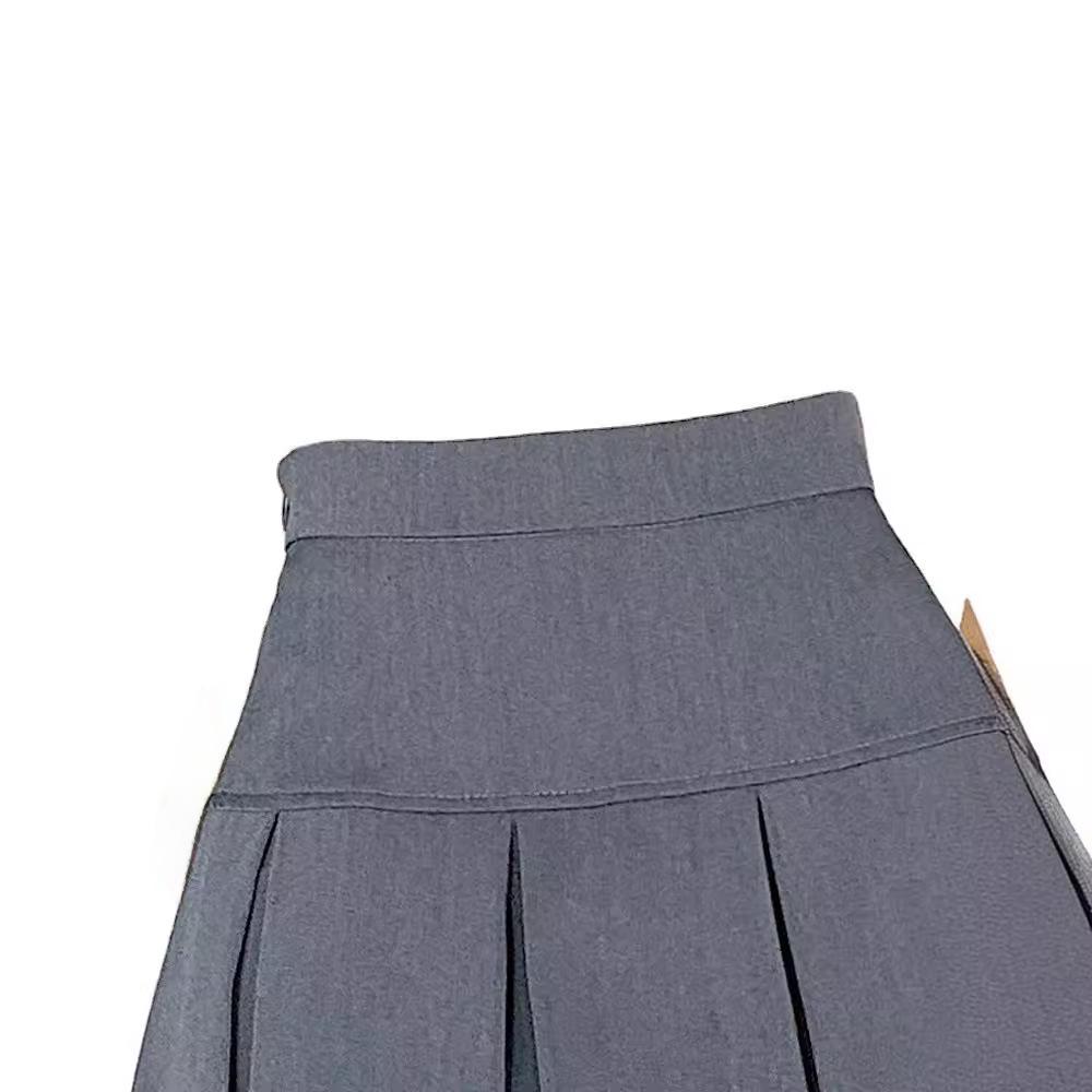 Women's Summer 2023 Gray High-Waist Pleated A-Line Skirt - College Style