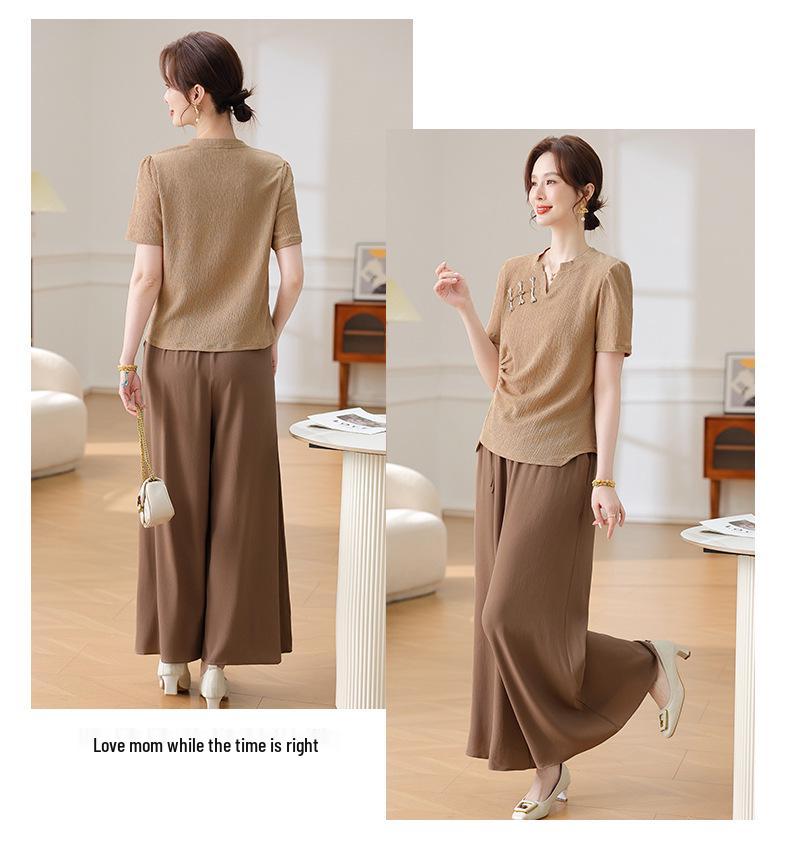 Chinese Style Summer Set: Short-Sleeved Blouse & Wide-Leg Pants for Middle-Aged Women
