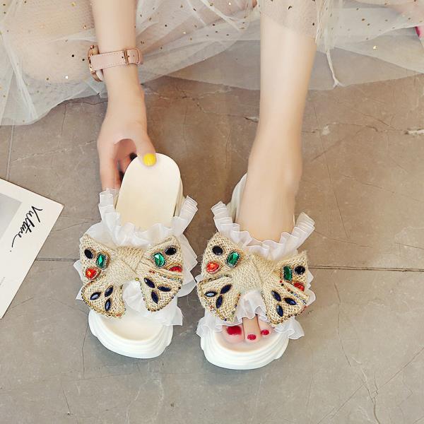 Fashion Shoes Woman 2025 Slippers Summer On A Wedge Pantofle Platform Butterfly-Knot Luxury Slides New Designer Fashion Butterfly-knot