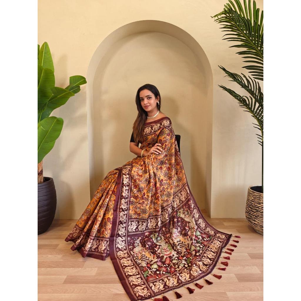 Soft Cotton  Chanderi Sarees with Kalamkari Digital Print Pattern Tassels Over the Saree.