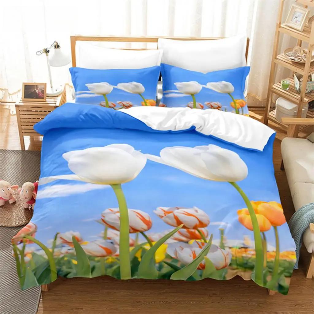 Sky Tulip Lovers Queen Bedding Set Duvet Cover Kids Bedroom Bed Set Comforter Cover Set King Size Duvet Cover Set Bedding Sets