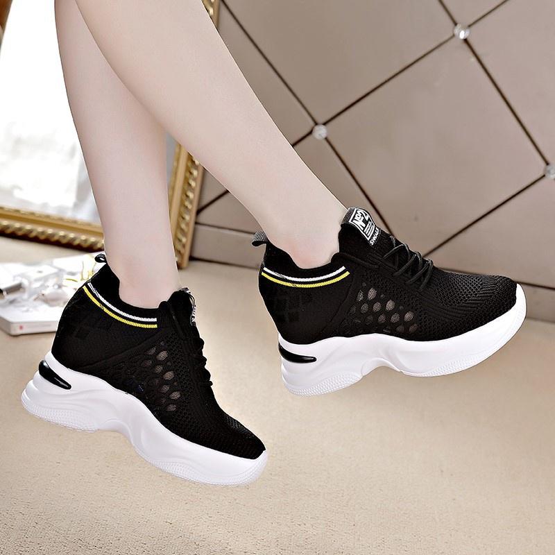 High Heeld Wedge Breathable Women's Shoes Summer New Black White Shoes Hidden Wedges Heel 8cm Casual Lace Up Platform Increase Sneakers Woman