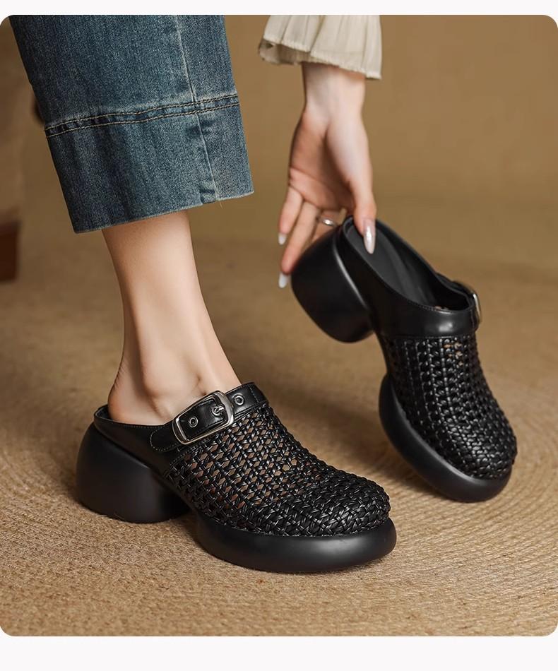 6Cm Design Feeling Thick Bottom Woven Bag Head Half Slippers Round Head Hollowed Out Outside Wearing High Heels Sandals Women