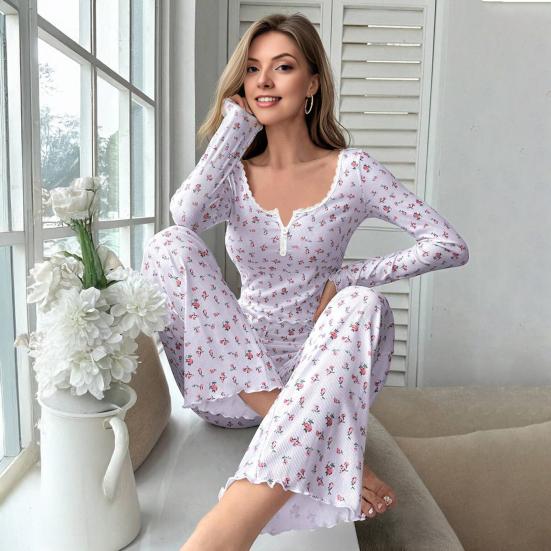 Women's Long Sleeve Pajama Set Ruffle Trim V Neck Crop Top And Wide Leg Pants Sleepwear Set Floral Print 2 Piece Pjs Set