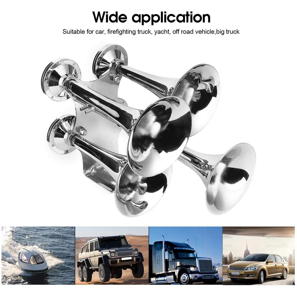 Akozon145DB Train Air Horn Kit 4 Trumpets Loud Train Horn 160mmDia 120 PSI Air Compressor for Van Most 12V Vehicles Trucks, Cars, Boats,