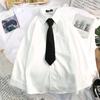White Long Sleeve Blouses Women Solid Loose Student Lady Shirts Blouse Black Lapel Oversized Shirt Tops with Tie