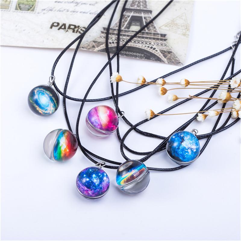 Ожерелья Duplex Planet Crystal Stars Ball Glass Galaxy Pattern Кожаная Цепочка Подвески Макси Ожерелье Для Женщин Подарок Подруге