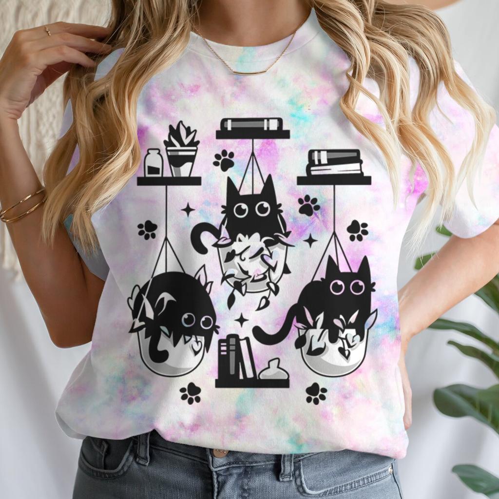 Women T-shirts New Ladies Casual Female Clothes Tops Black Cat Books Print Ladies Tees Tshirt Cartoon Graphic T-Shirt Clothing