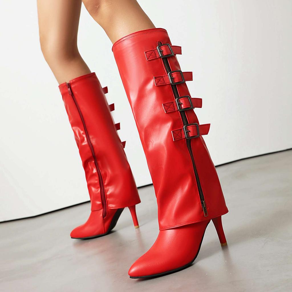 lenkisen PU Autumn Winter Shoes Pointed Toe Stiletto Thin High Heels Metal Square Buckle Keep Warm Fashion Knee Boots