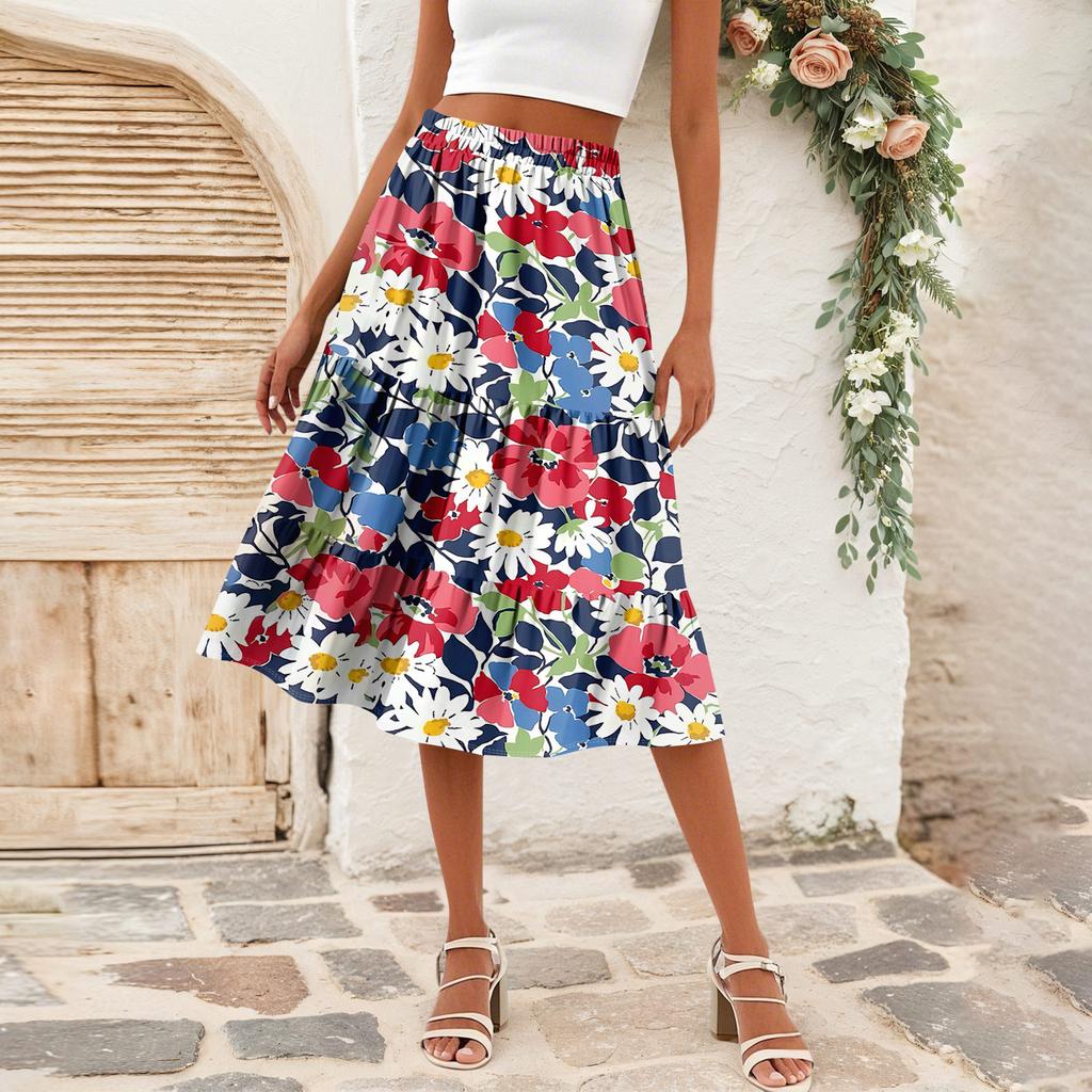 Women's Casual High Waist A-Line Skirt Polka Dot Stripe Printed Skirt With Pockets