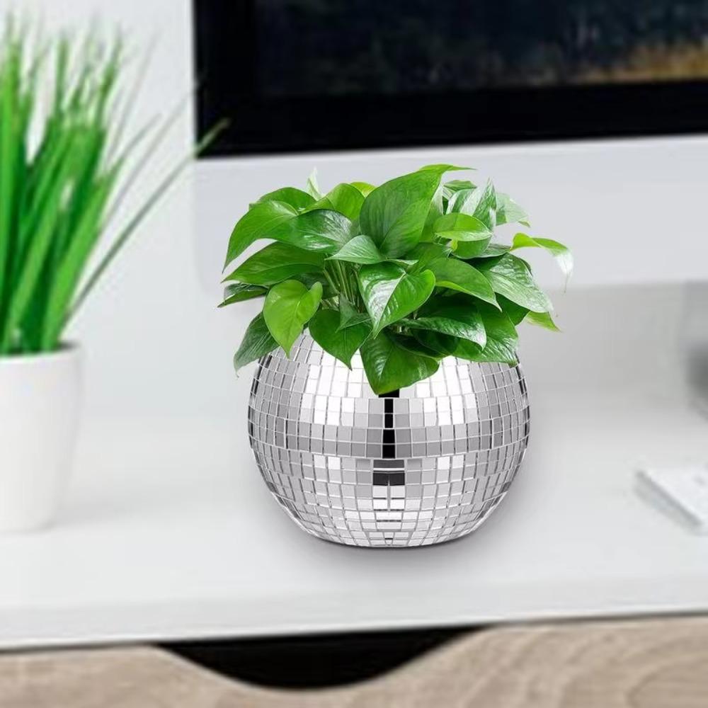 Silver Mirror Glass Flower Vase Home Decoration Disco Ball Plant Holder Plant Planting Pot Home