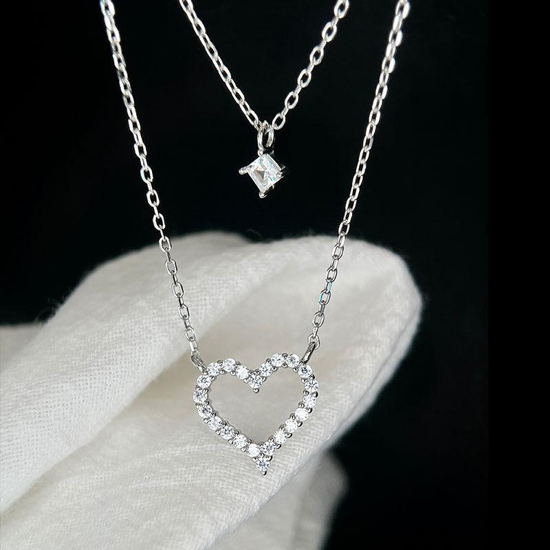 Fully Diamond Hollow Love Double Layer Necklace Heart-shaped Sweet Niche Design Sense Necklace for Women