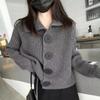 Grey Lapel Loose Fit Cardigan Women's Korean Fashion Button Casual Long Sleeved Knitted Coat Versatile Solid Color Sweater