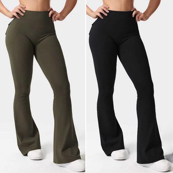 Women Yoga Pants Solid Color Slim Fit Flared Pants with Pockets Thin