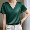 Summer V-neck Basic Solid Causal Women's T-Shirts Short Sleeve Tees Tops Satin Silk Blouses Elegant Office Lady Thin Shirts