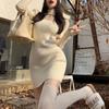 Aura Slim Waist Knitted Dresses Women's Clothing Solid Color Autumn Winter Hotsweet Elegant Bag Hip Chic Hollow Out Mini Dress