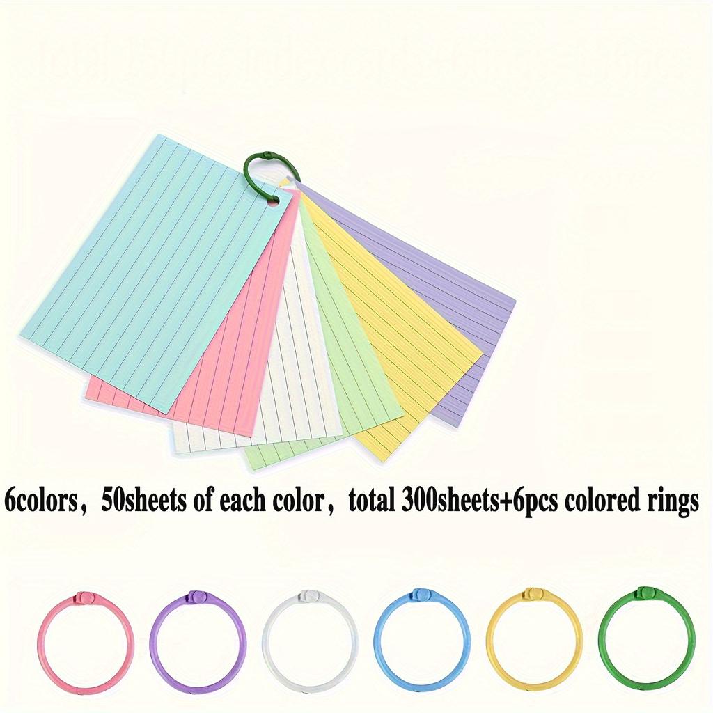 300sheets Colored Index Cards, Notecards 3x5inch, Multicolor Paper Binder Ring Easy Flip Flash Card, Study Memo Pads for Office School Suplplies