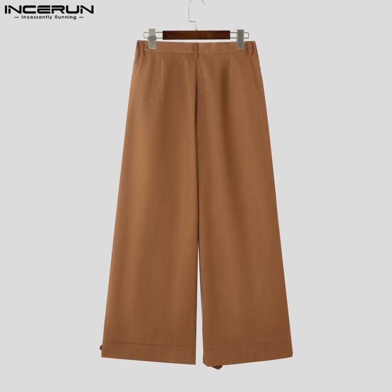 INCERUN Men Autumn Spring Solid Color Zipper Waist Trousers Casual Irregular Wide Leg Pants