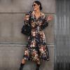 2025 New Autumn Women's Clothing V-neck Printed Medium and Long Dress Women