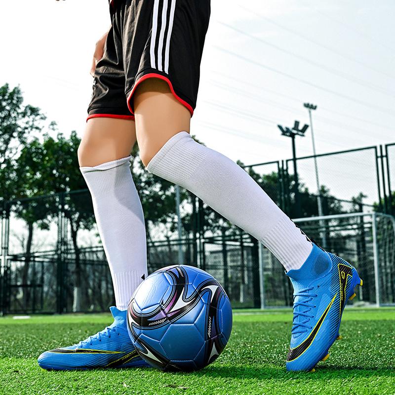 Brand Fashion Blue Football Training Shoes Men Women Long Spikes Professional Soccer Cleats Men Breathable Socks Futsal Boots