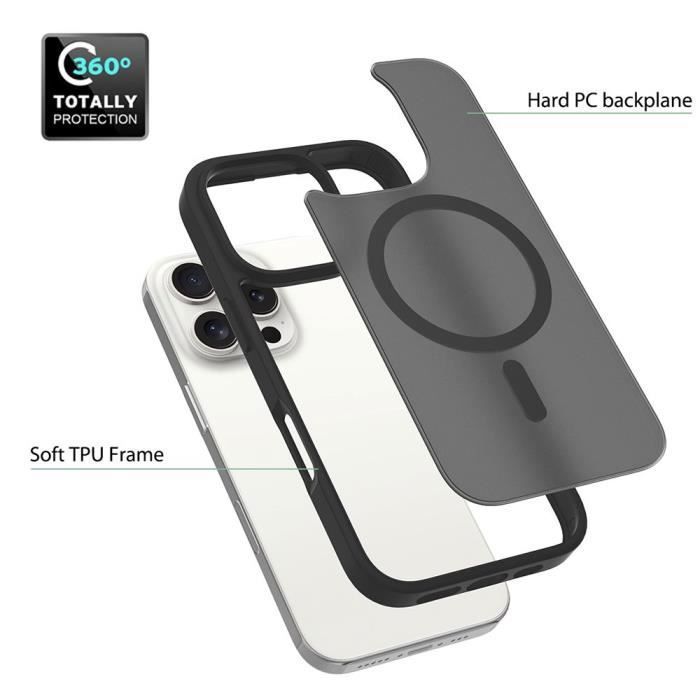 Case + 2 Tempered Glasses for iPhone 16 Pro, Hybrid Protection with Translucent Matte Black Magnetic Ring