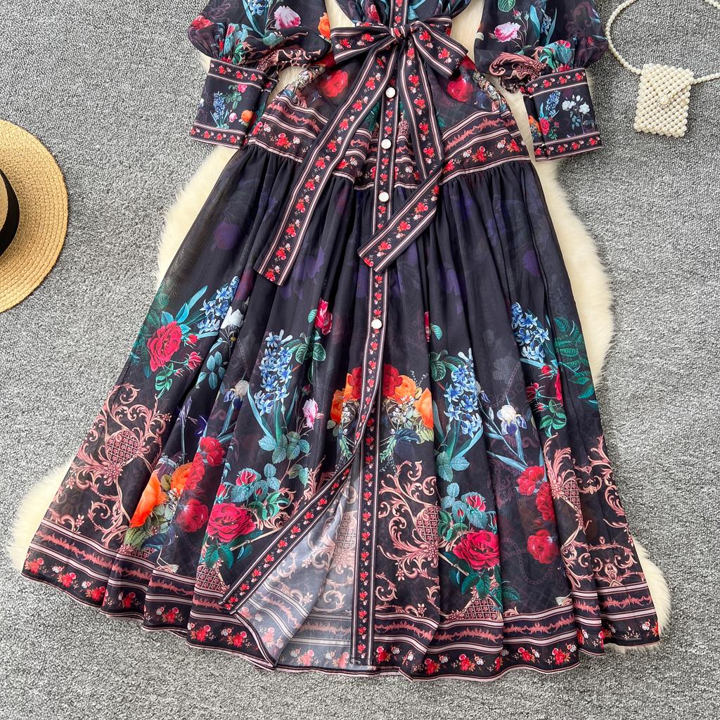Bohemian Floral Chiffon Summer Dresses for Women 2025 Runway V-Neck Long Lantern Sleeve Sashes Beach Holiday Dressess Boho Robe
