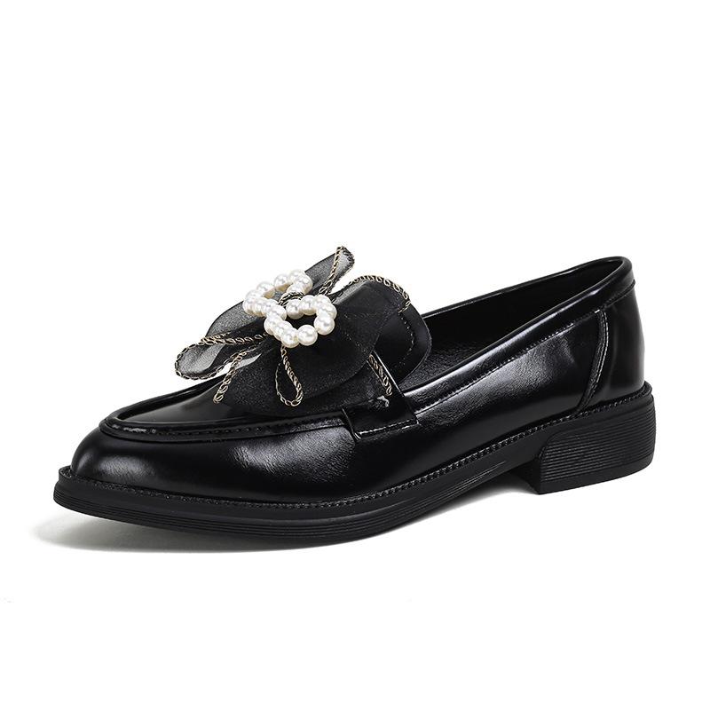 Brand Lace Bowtie Oxford Shoes Big Size 41/42 Women Leather Flat Shoes Pointed Toe Pearl Sneakers Woman Thick Heels Loafers
