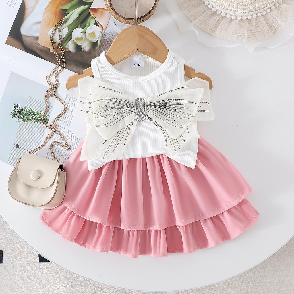 Girls' Sweet Set Summer Children's Fashion and Cute Bow-decorated Sleeveless Top + Puffy Skirt Set