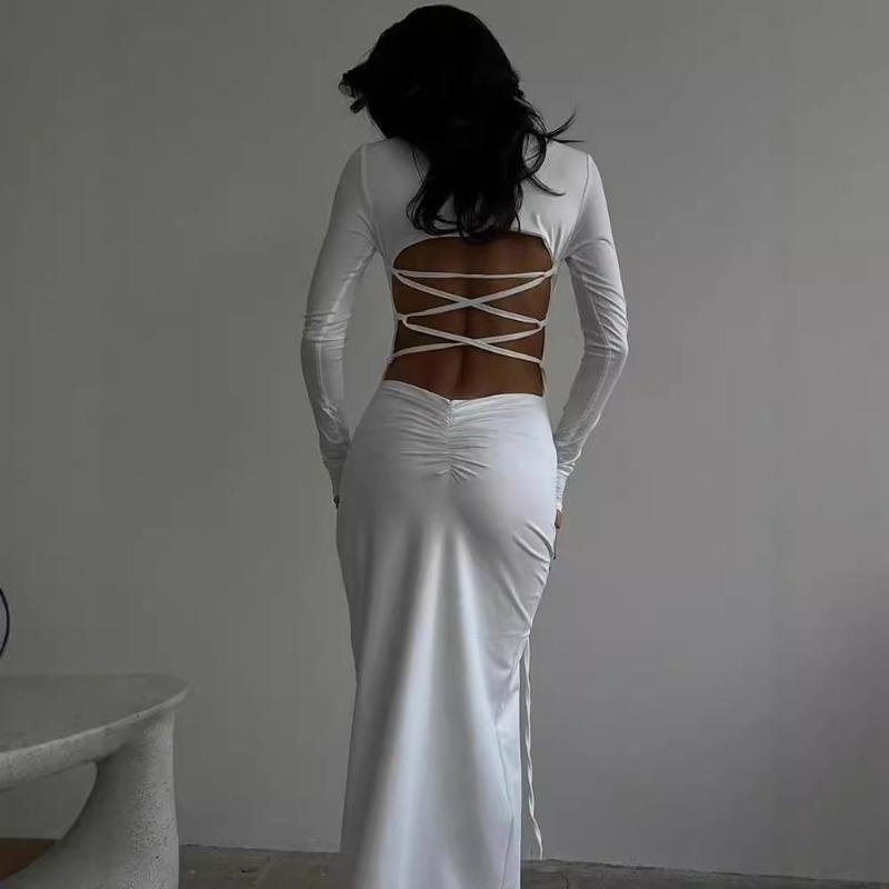 Women's Fall Sexy Slim Backless Split Dress Fashion Spice Tie Up Long Dress