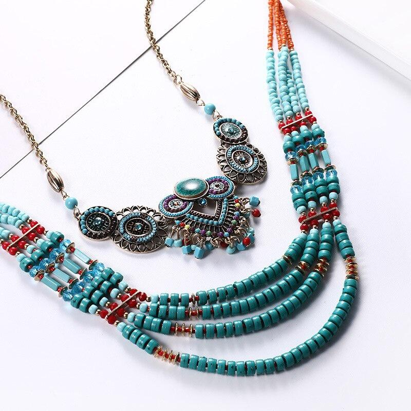 Beaded Bib Necklace Bohemia Vintage Handmade National Beads Multi Layer Colorful Jewelry Necklace for Women
