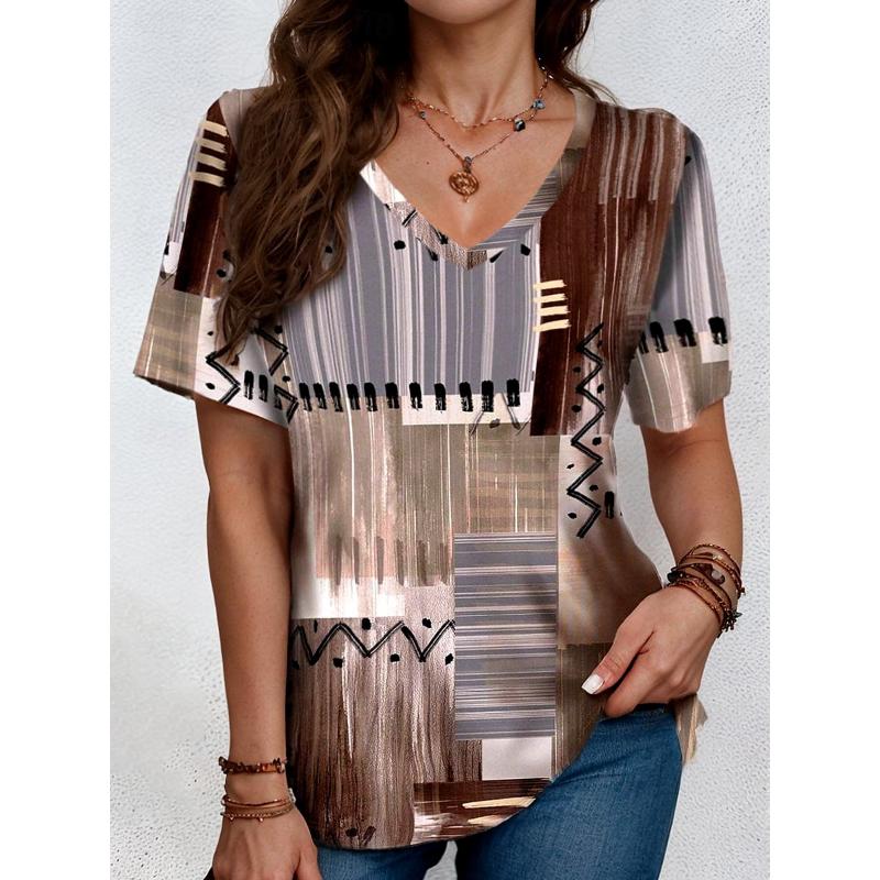 Summer Fashion Casual Geometric Patch Printed Short Sleeved Top V-neck Daily Women's T-shirts