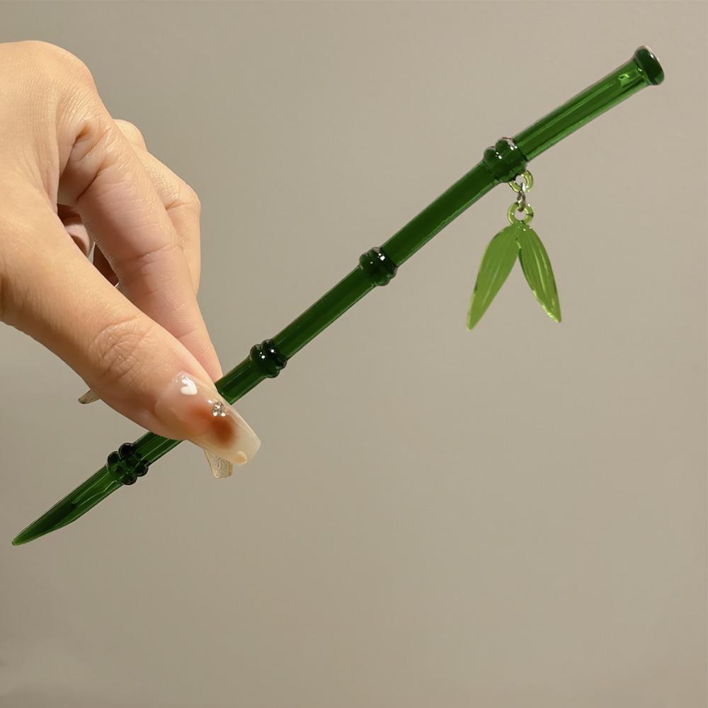 Green Hair Stick Bamboo Leaf Barrette Simple Chopstick Hairpin for Women